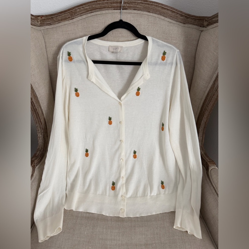 LOFT White Cream Cardigan Sweater Pineapple detail sz Large